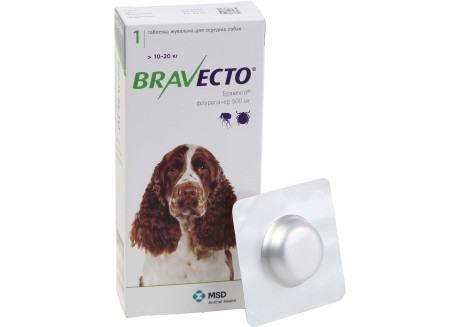 Таблетки от блох и клещей для собак Bravecto от 10 до 20 кг, 1 таблетка