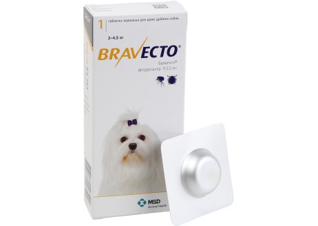 Таблетки от блох и клещей для собак Bravecto от 2 до 4,5 кг, 1 таблетка